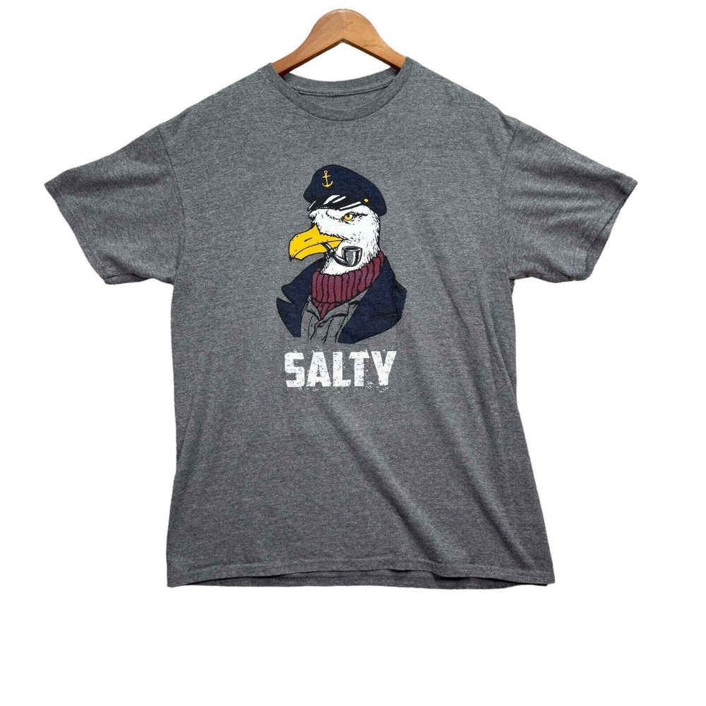 Salty Seagull Captain Funny Gray Fishing T Shirt Logo Boxing Crew Men's L